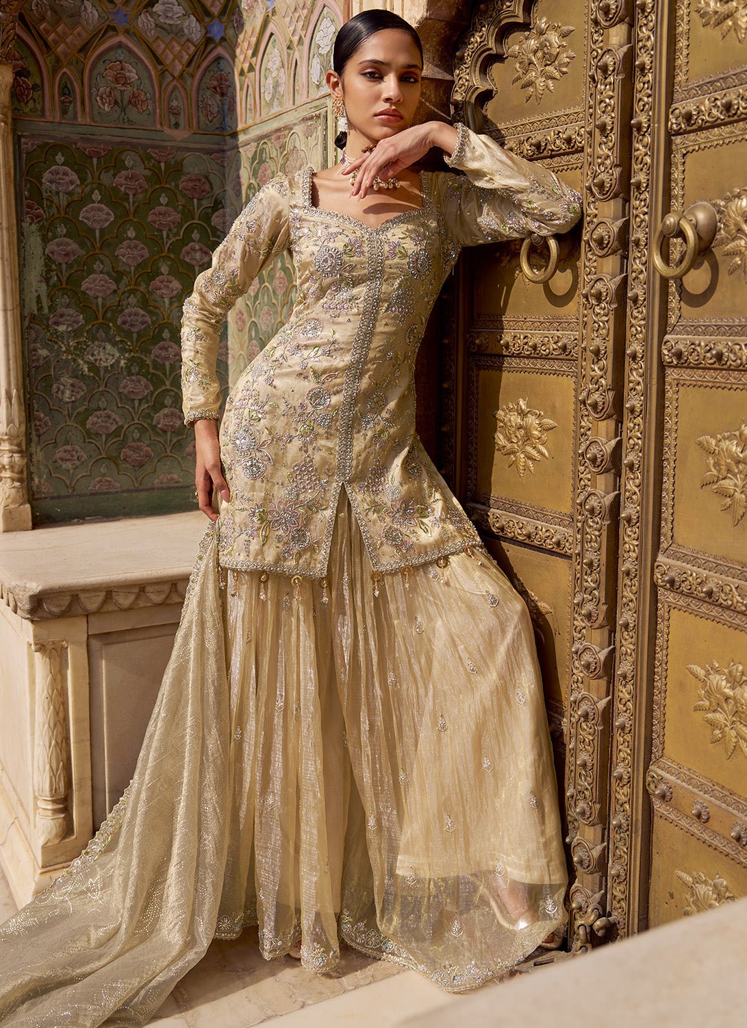 Gold Embroidered Tissue Sharara - Lashkaraa