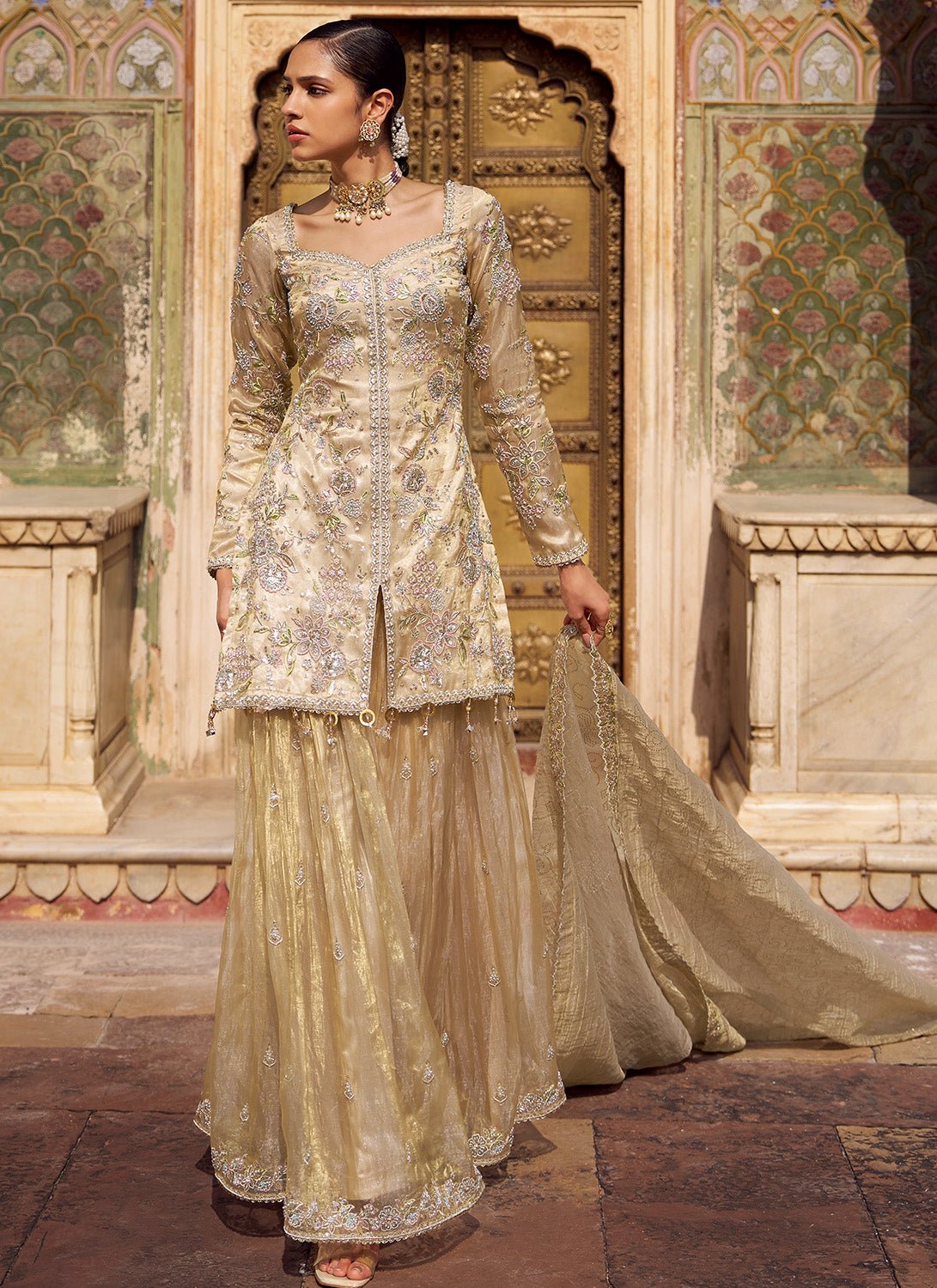 Gold Embroidered Tissue Sharara - Lashkaraa