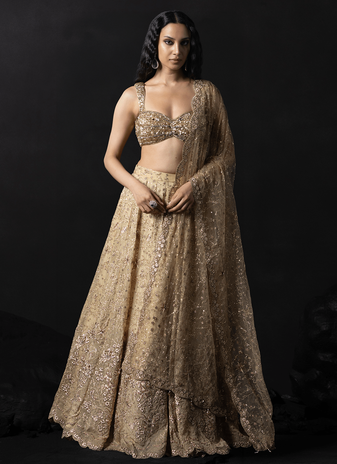 Gold Embroidered Viscose Organza Lehenga - Lashkaraa