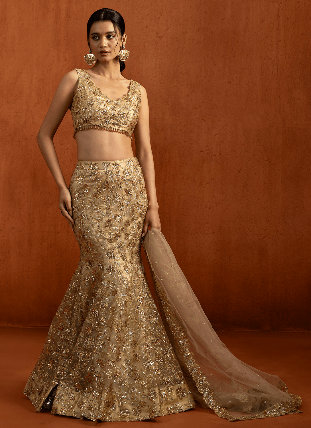 Gold Fishcut Embroidered Net Lehenga - Lashkaraa