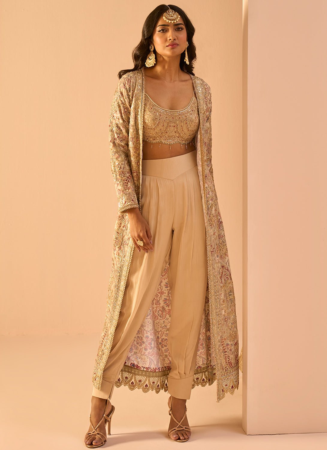 Golden Beige Embroidered Crop Jacket Set - Lashkaraa