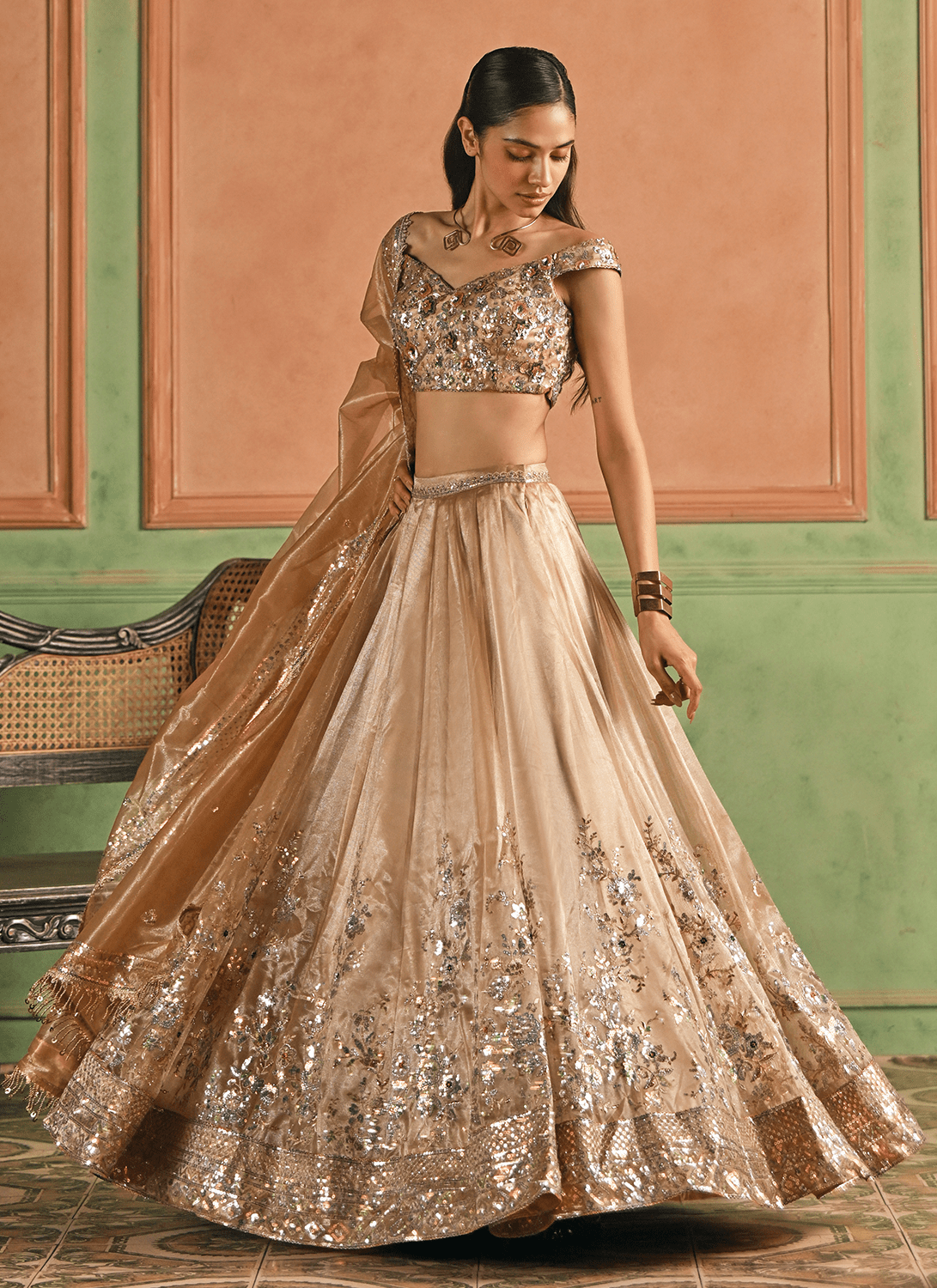 Golden Beige Embroidered Net Lehenga - Lashkaraa