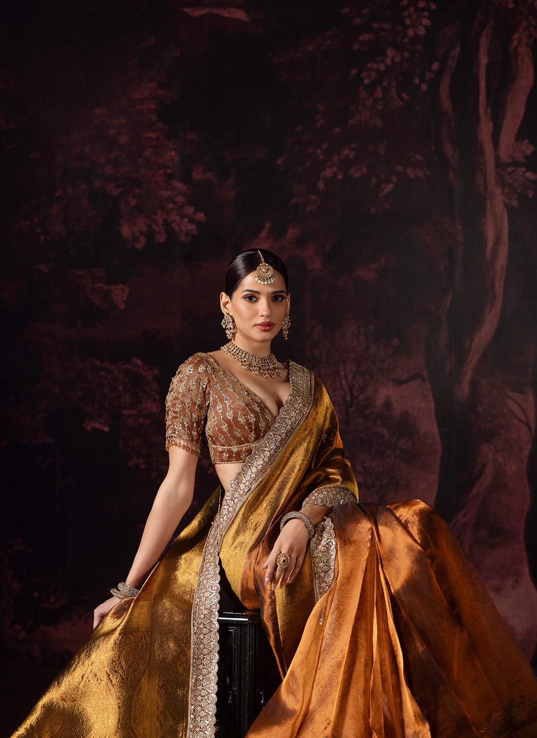 Golden Bronze Embroidered Tissue Saree - Lashkaraa
