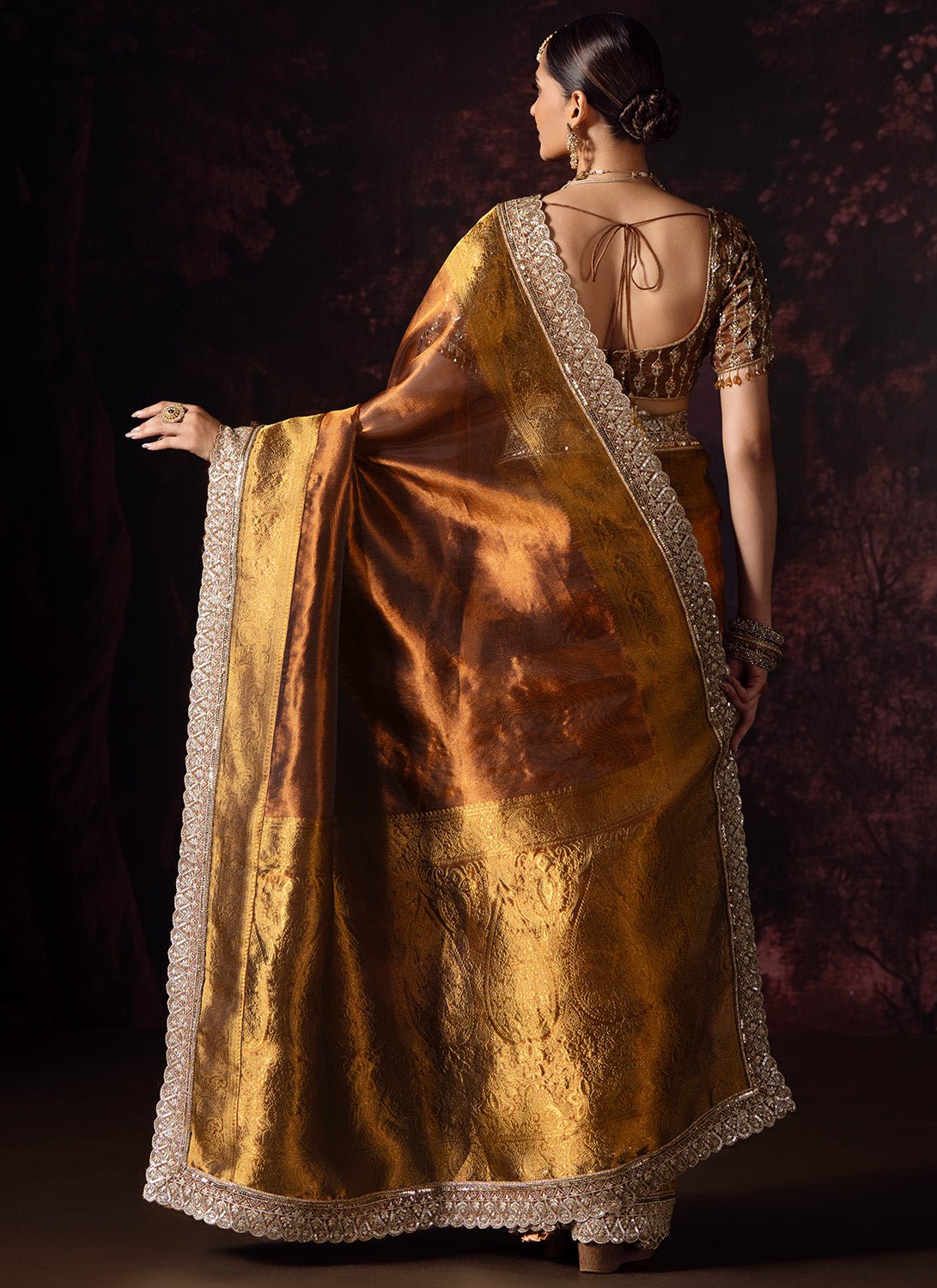Golden Bronze Embroidered Tissue Saree - Lashkaraa