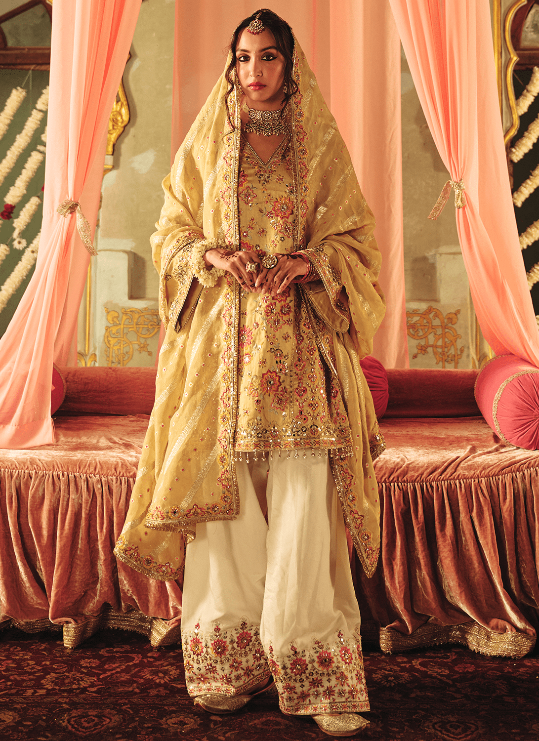 Golden Yellow Embroidered Crepe Punjabi Suit - Lashkaraa