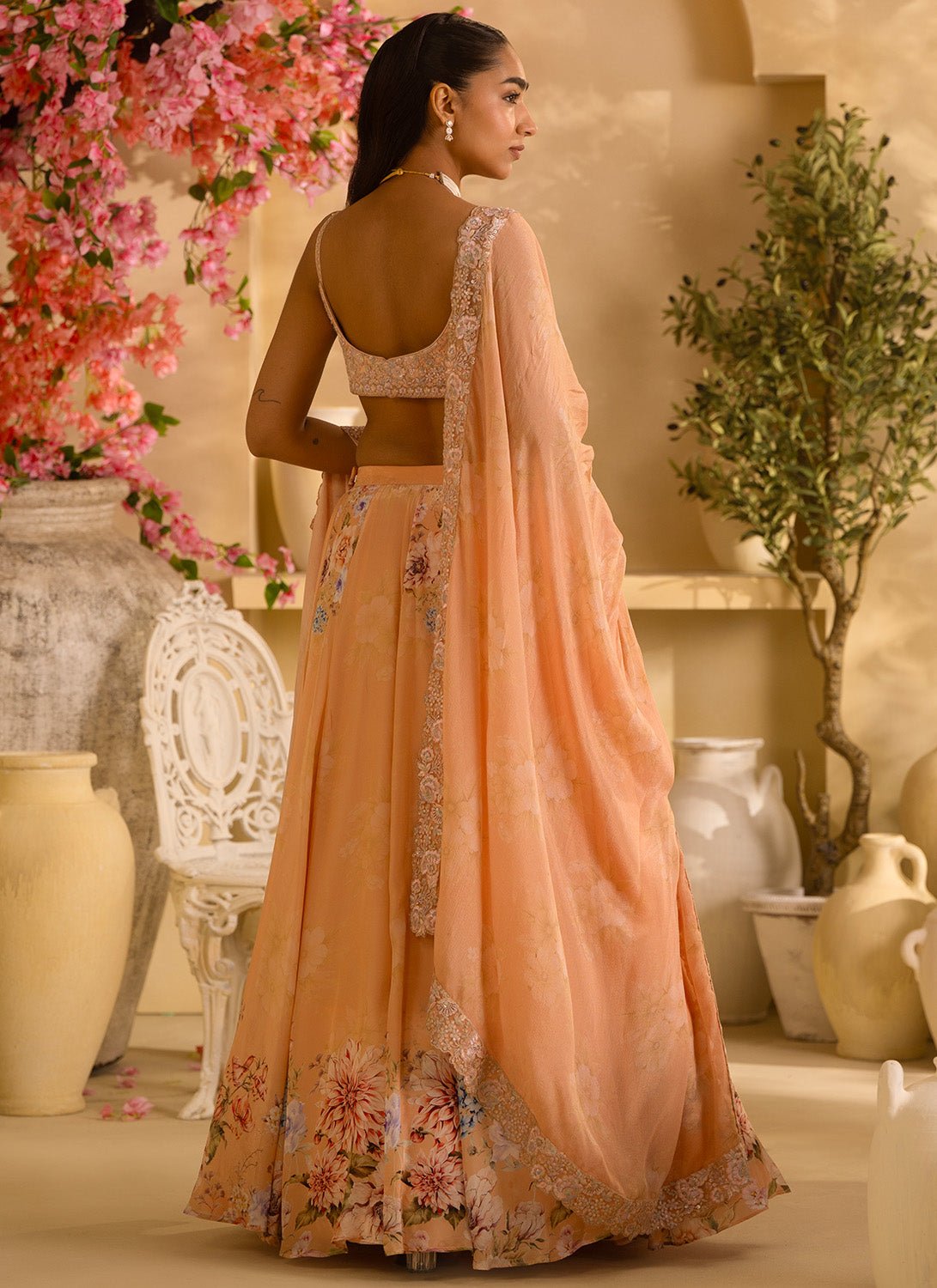 Golden Yellow Floral Embroidered Crepe Silk Lehenga - Lashkaraa