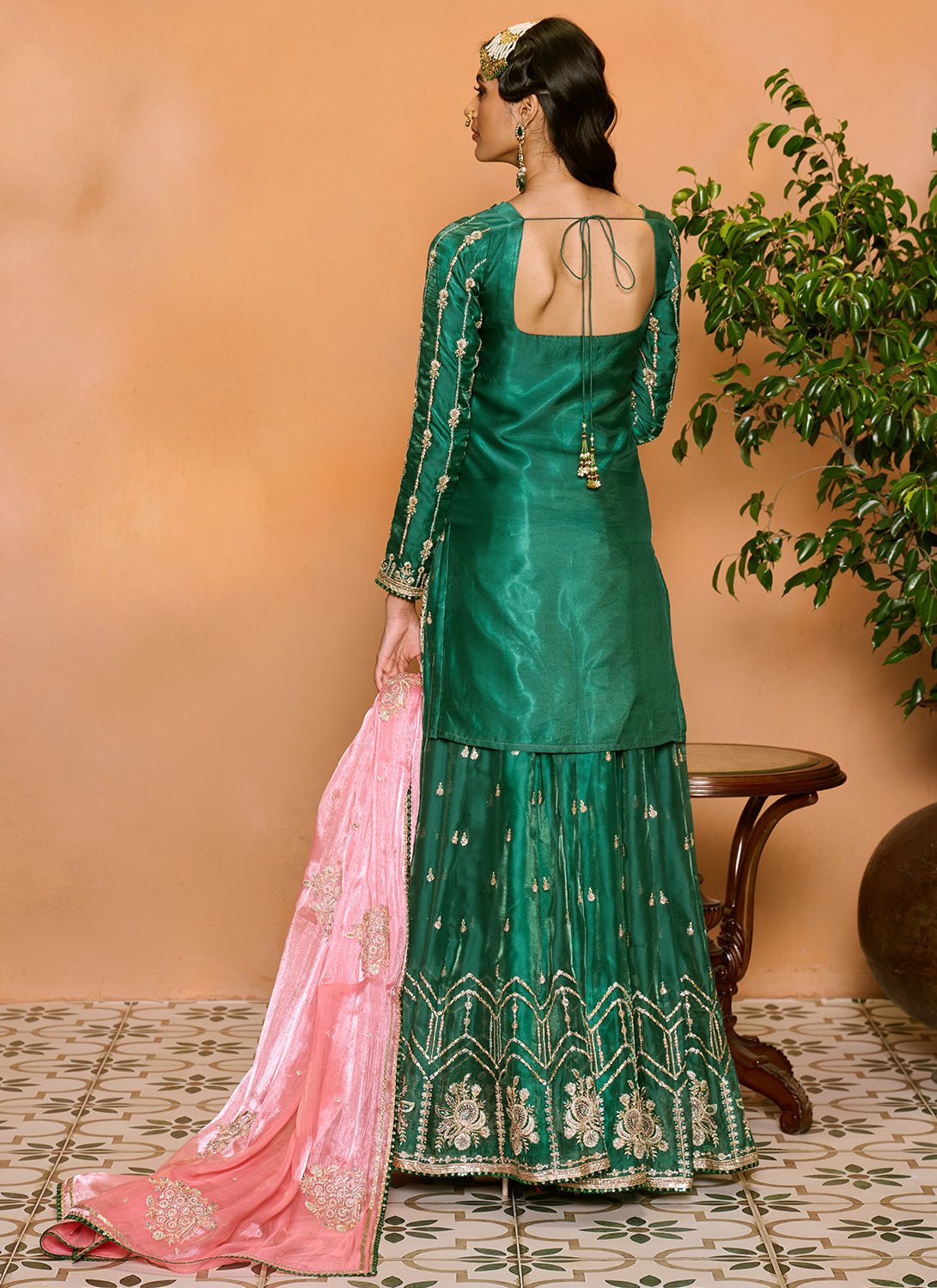 lashkaraa Green and Pink Embroidered Sharara Suit