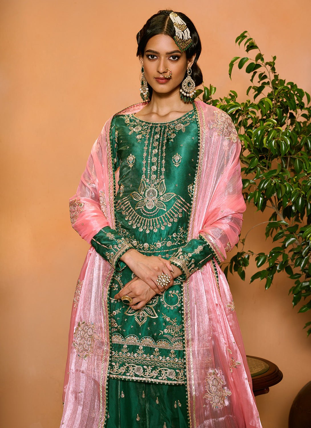 Green and Pink Embroidered Sharara Suit - Lashkaraa