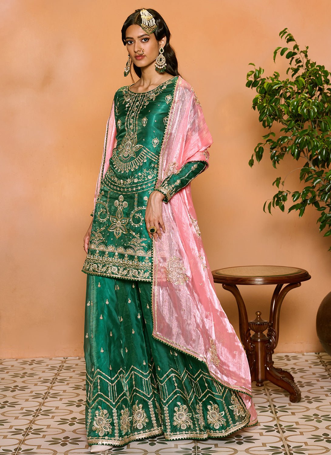 Green and Pink Embroidered Sharara Suit - Lashkaraa