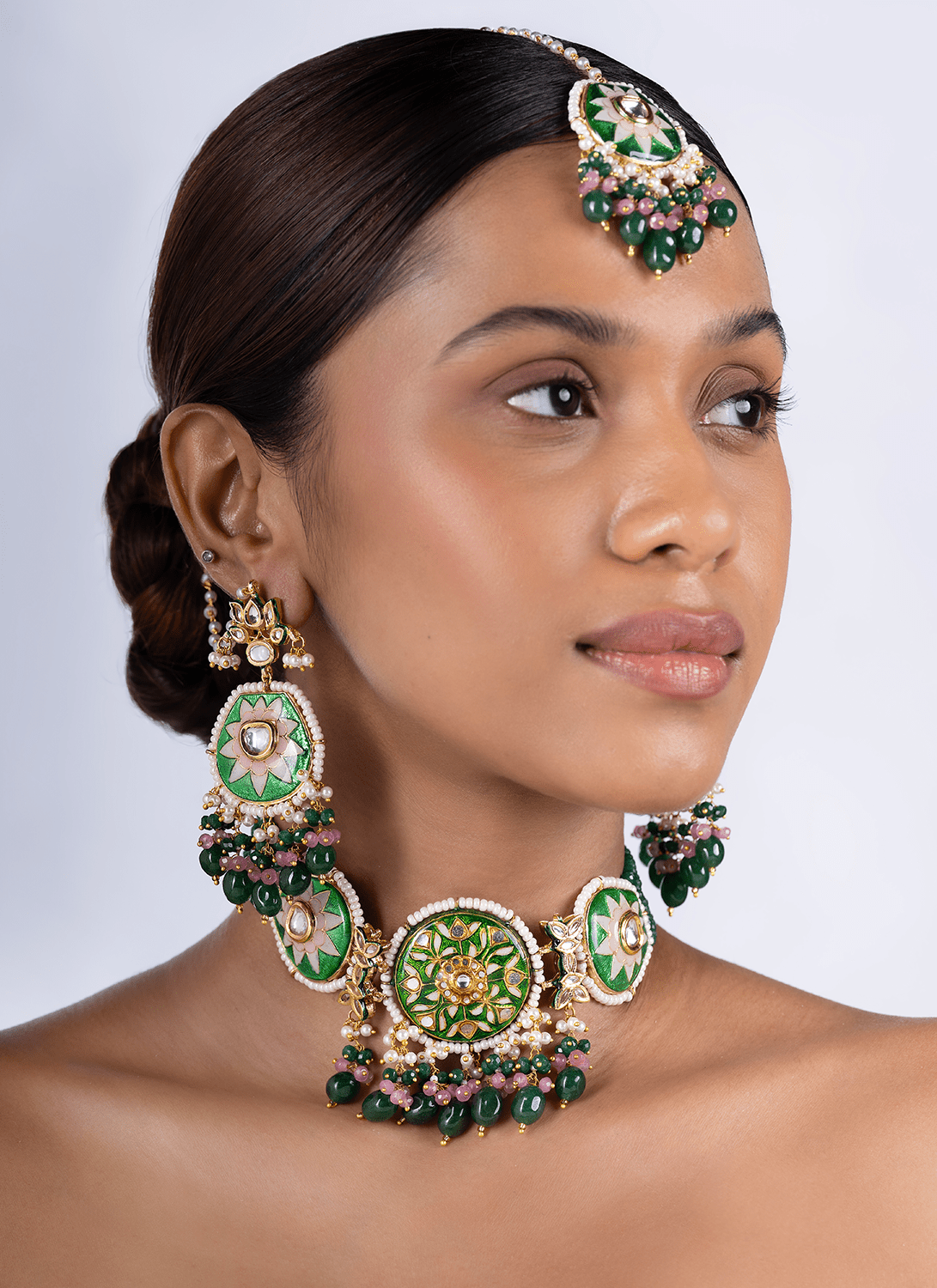 Green and Pink Meenakari Choker Set - Lashkaraa