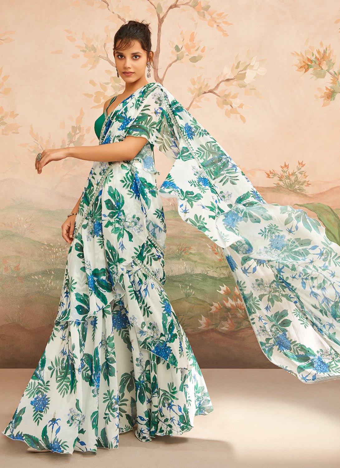 Green and White Floral Printed Saree - Lashkaraa