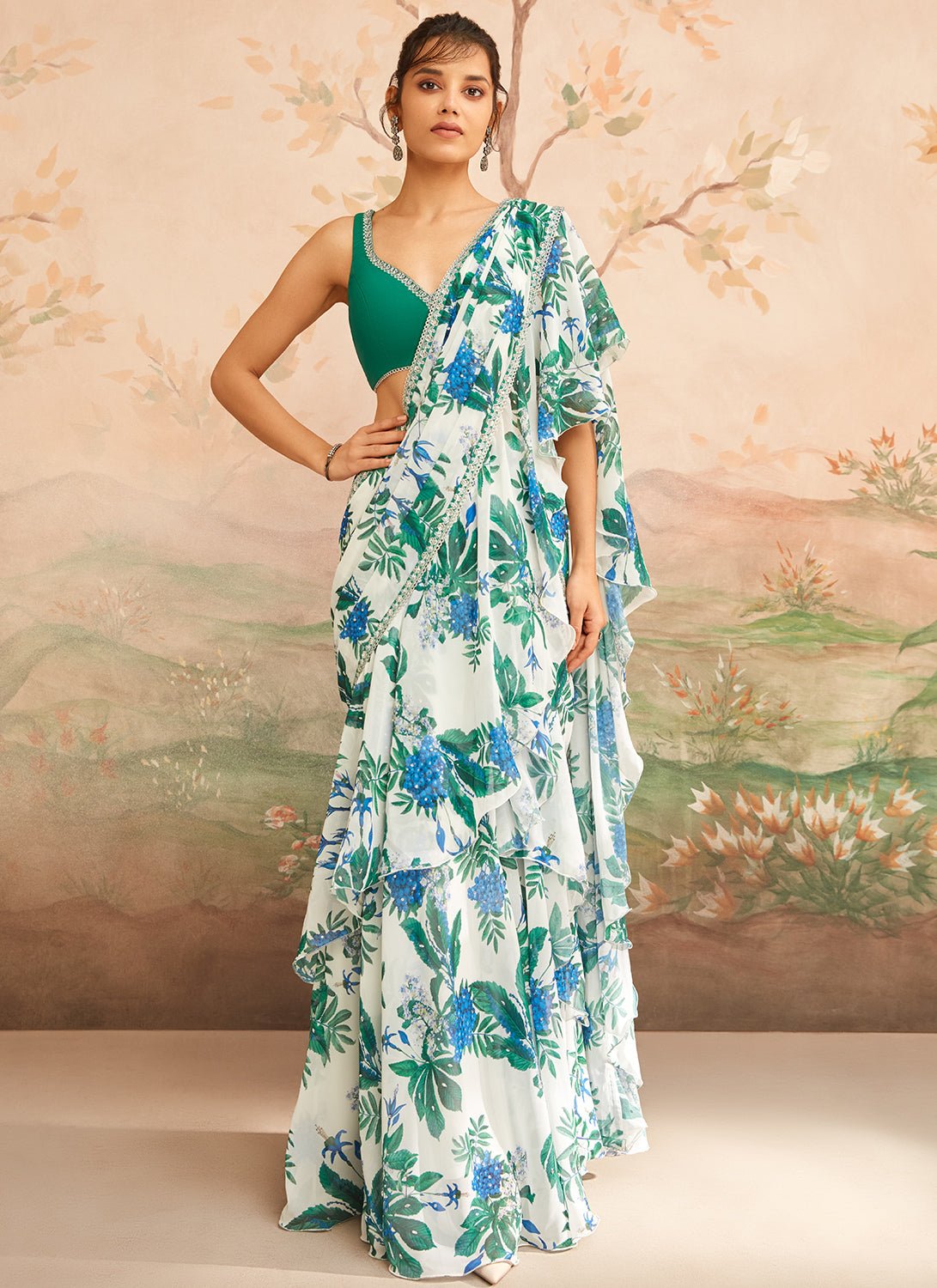 Green and White Floral Printed Saree - Lashkaraa