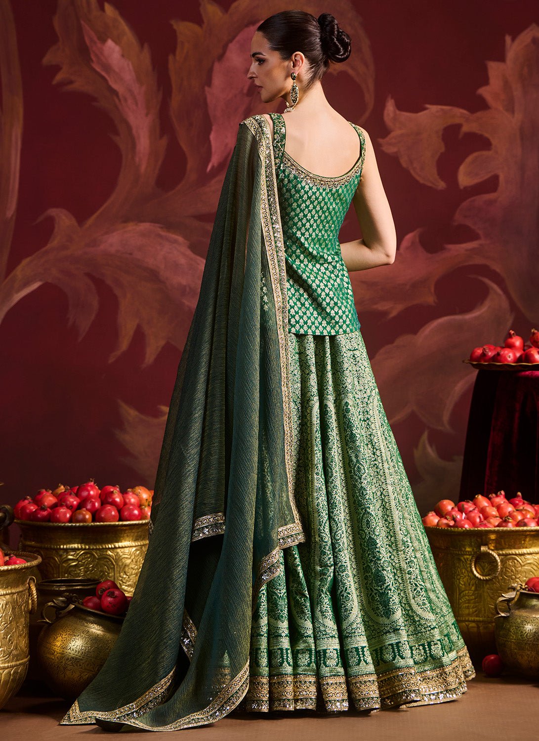 Green Embroidered Brocade Kurti Style Lehenga - Lashkaraa
