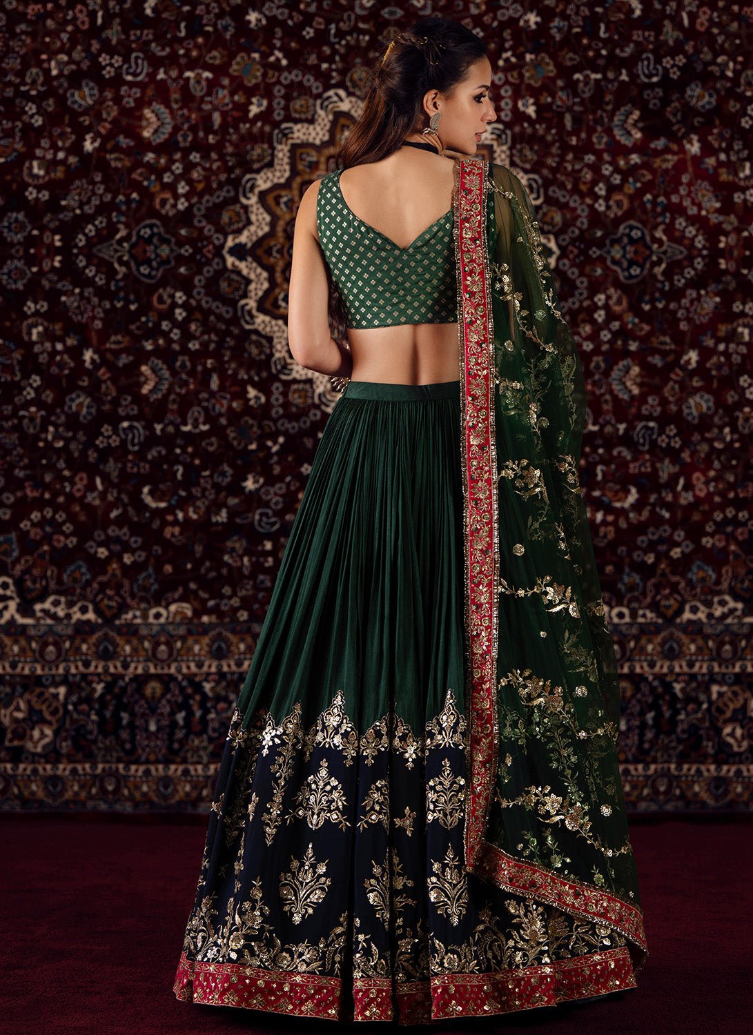 Green Embroidered Brocade Lehenga - Lashkaraa