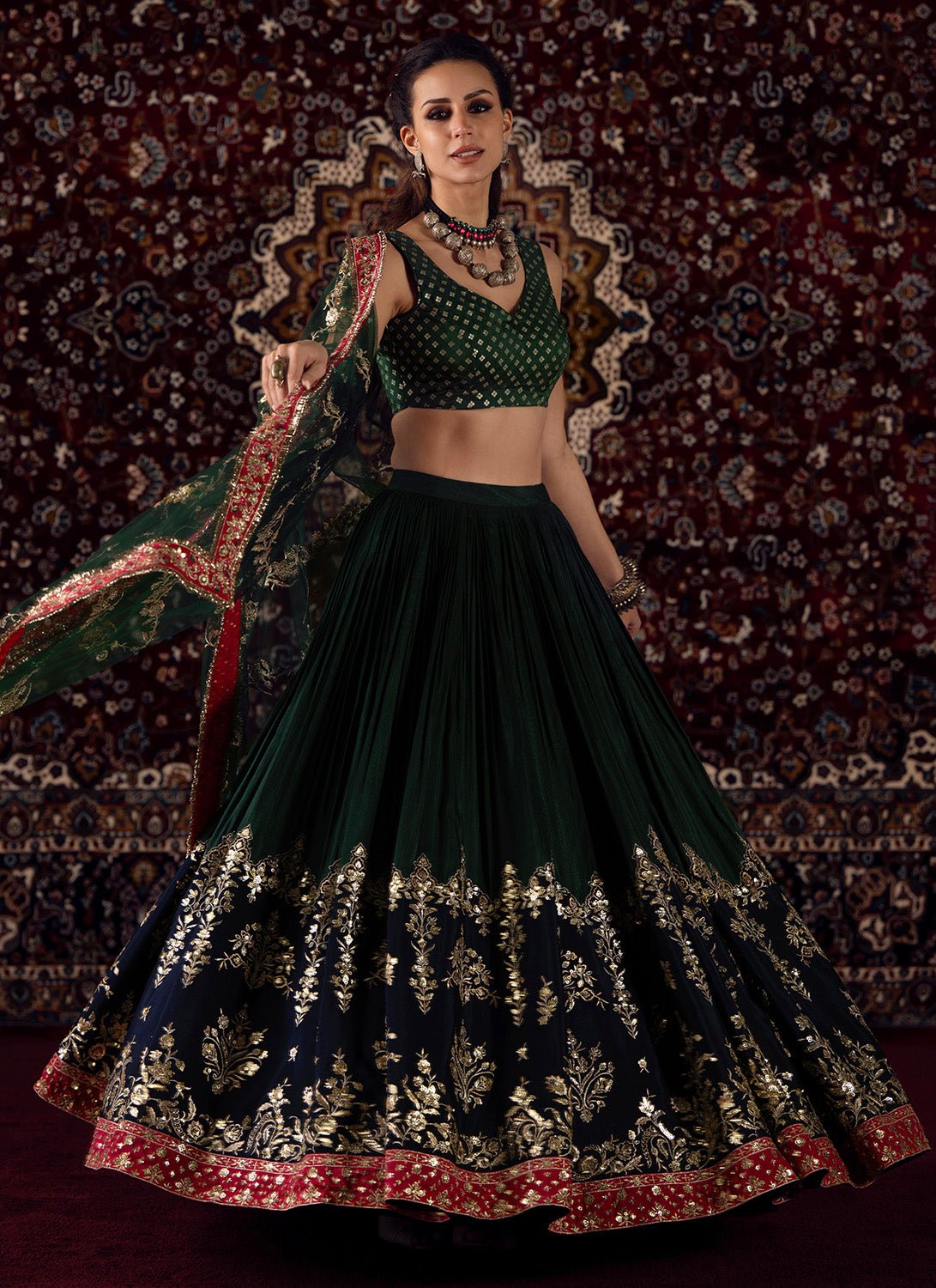 Green Embroidered Brocade Lehenga - Lashkaraa