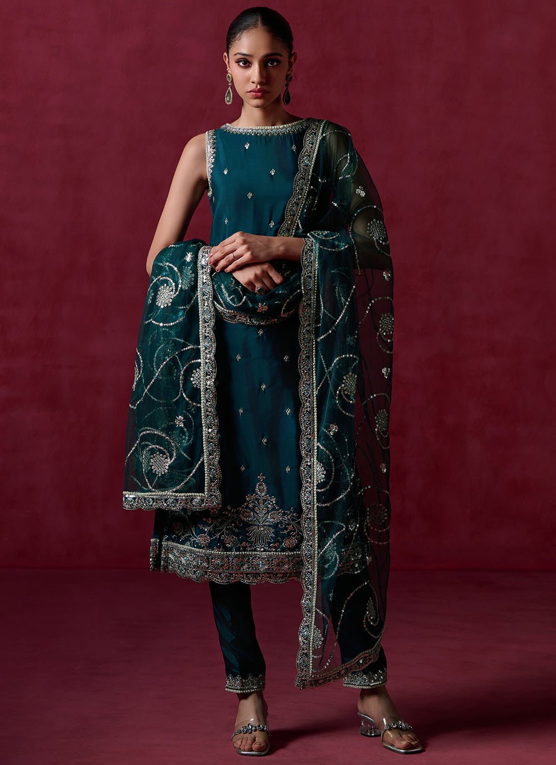 Green Embroidered Crepe Silk Straight Suit - Lashkaraa