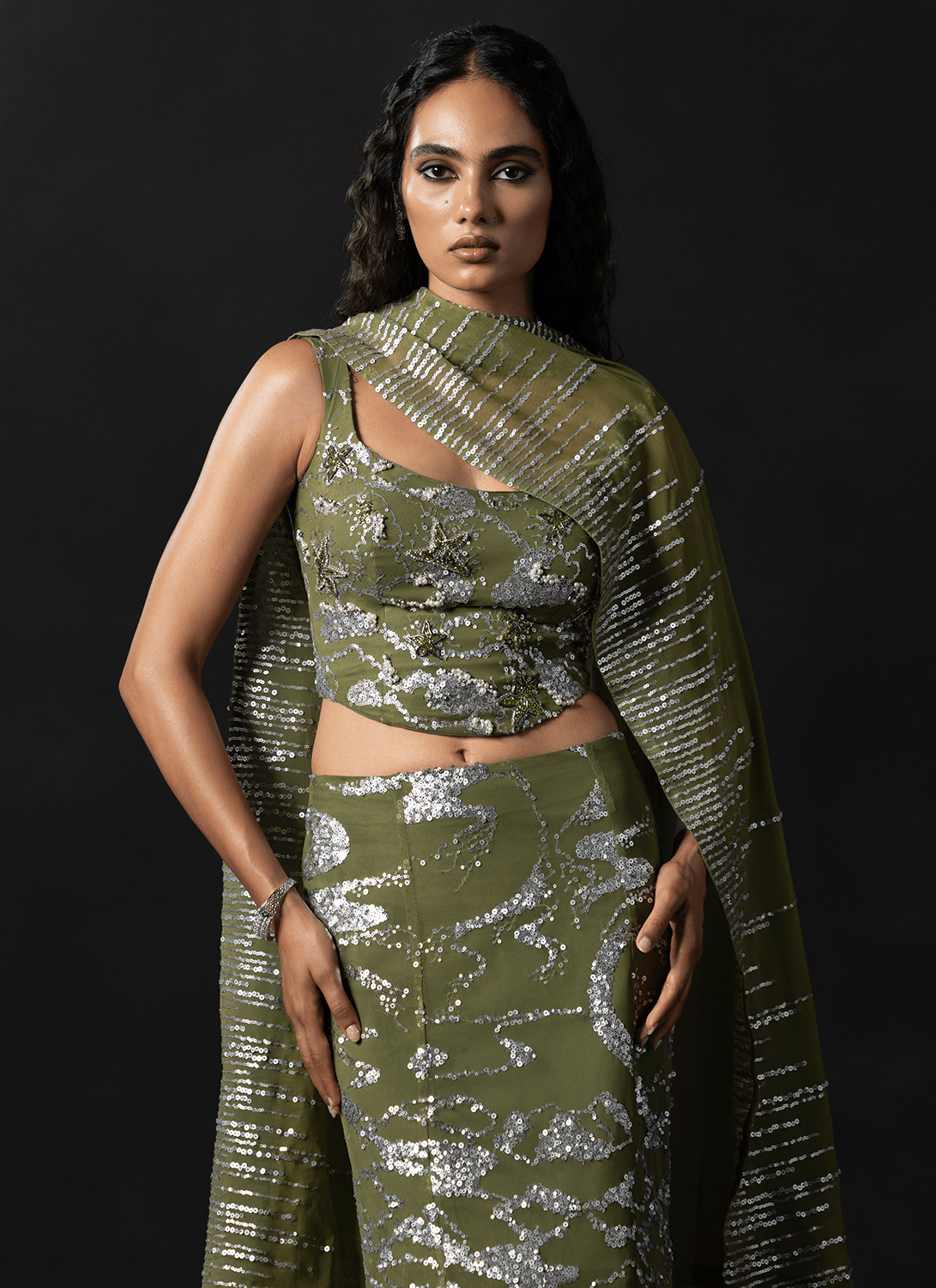 Green Embroidered Net Lehenga - Lashkaraa