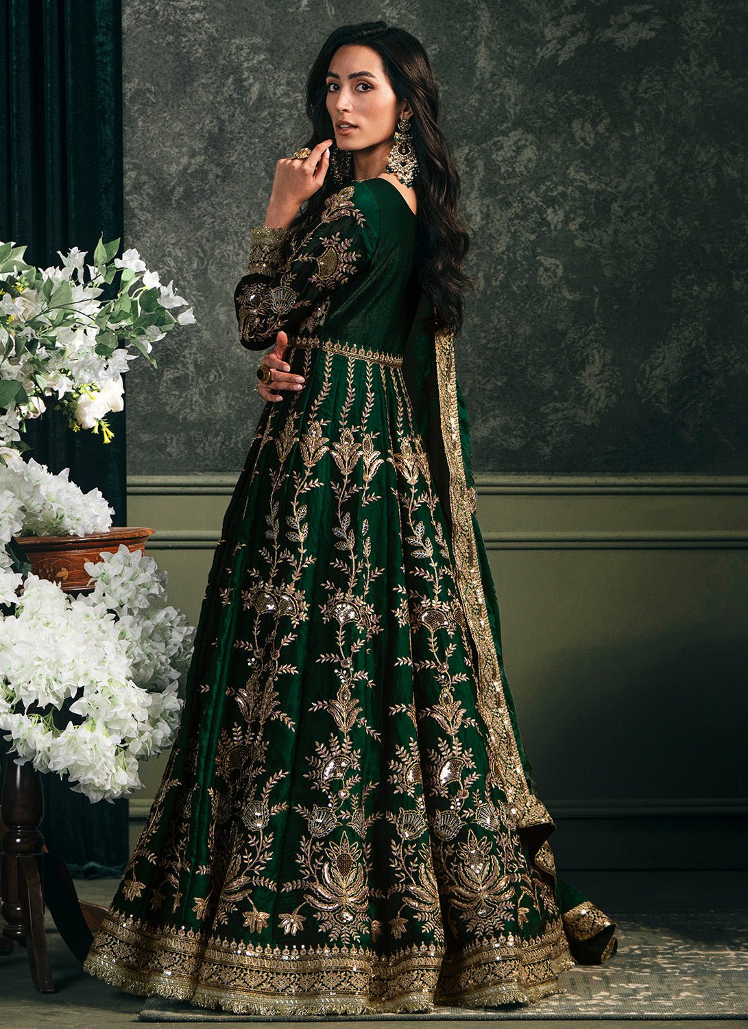 slim fit dress slacks Shop Teal Green Chiffon Floral Anarkali Set Online main image 0