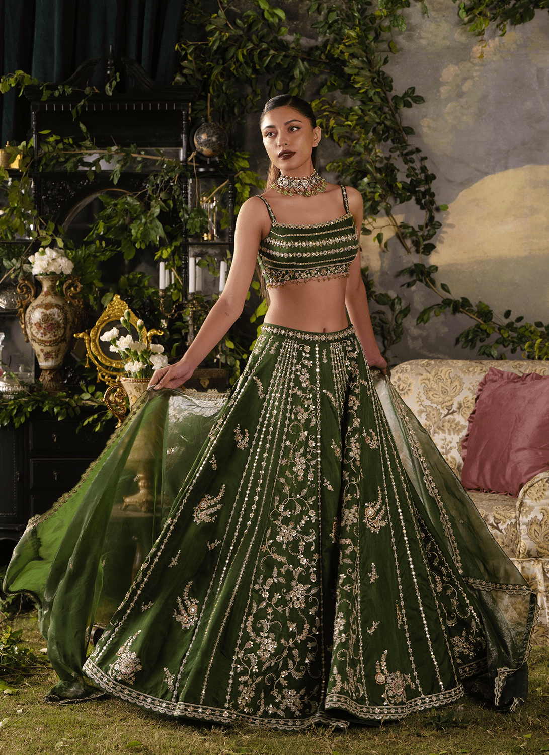 Green Embroidered Silk Lehenga - Lashkaraa