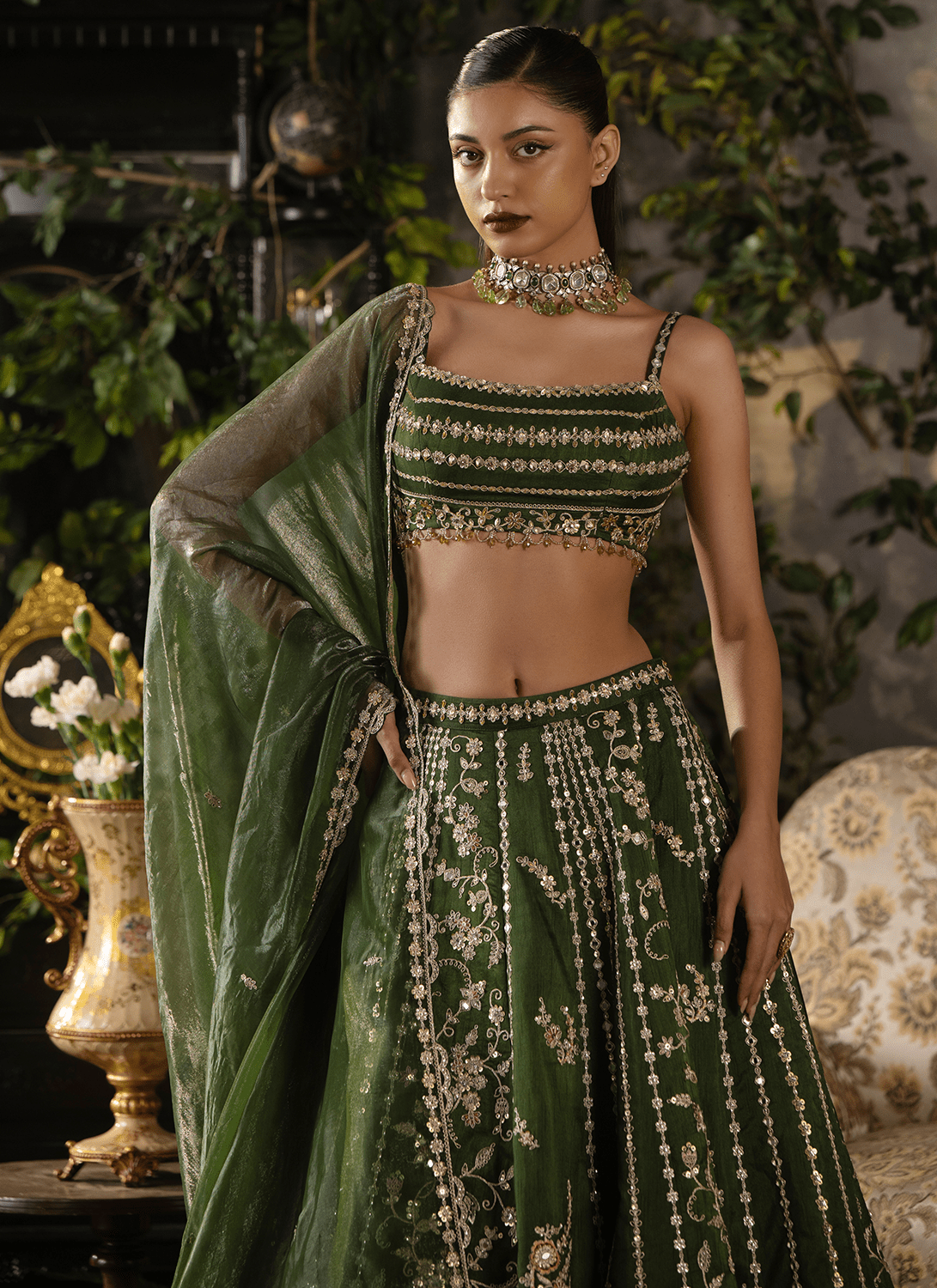 Green Embroidered Silk Lehenga - Lashkaraa
