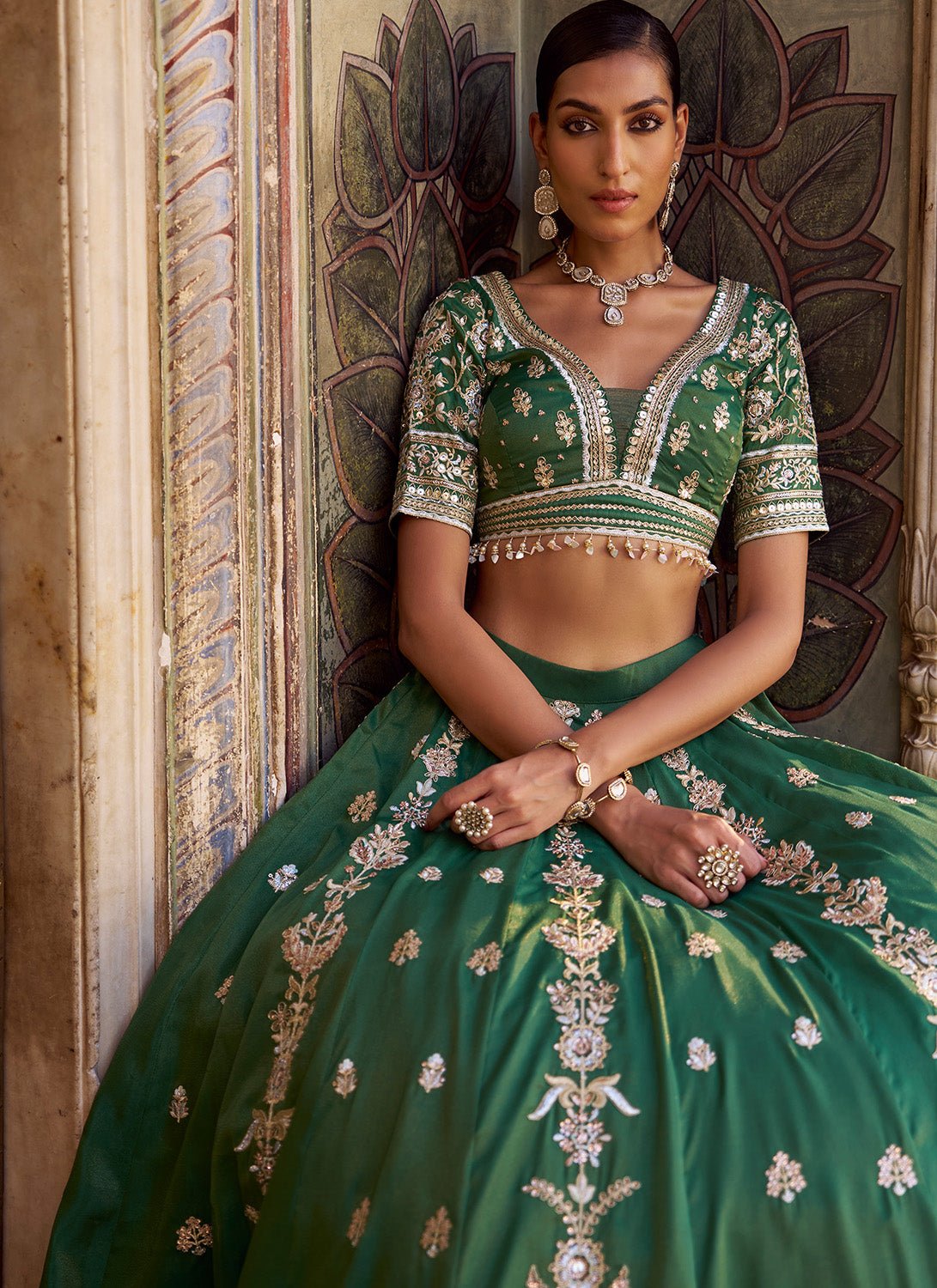 Green Embroidered Silk Lehenga - Lashkaraa