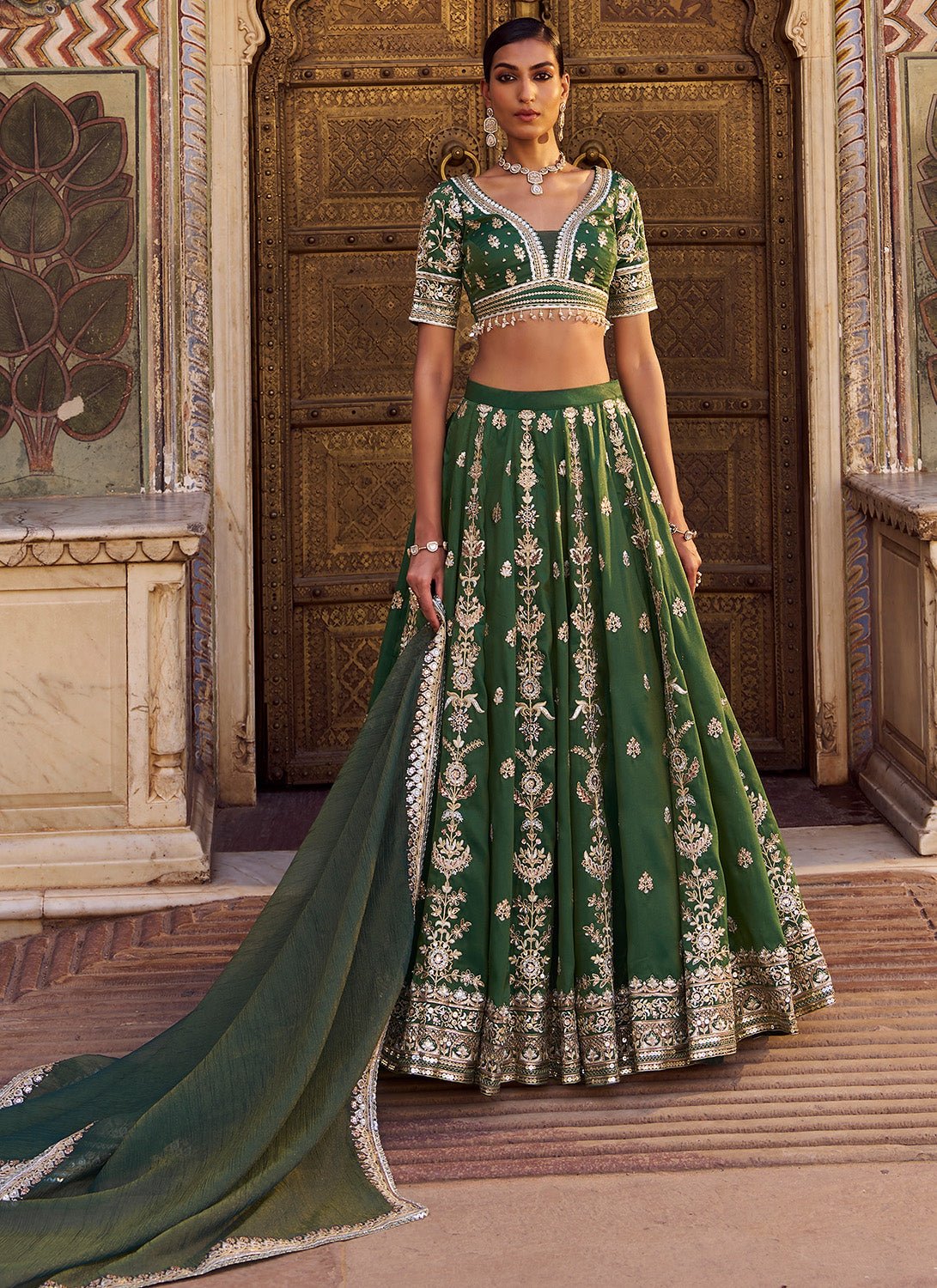 Green Embroidered Silk Lehenga - Lashkaraa