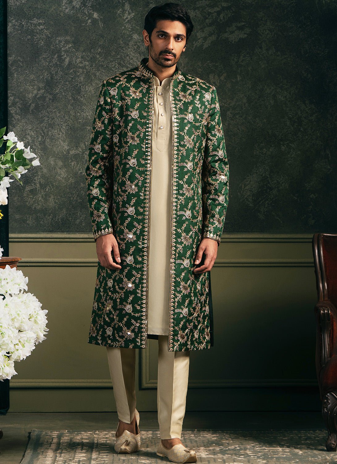 Green Embroidered Silk Sherwani Set - Lashkaraa