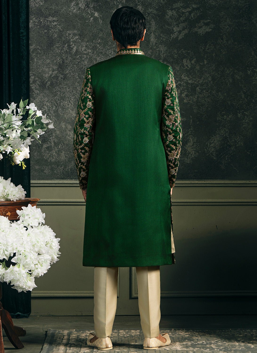 Green Embroidered Silk Sherwani Set - Lashkaraa