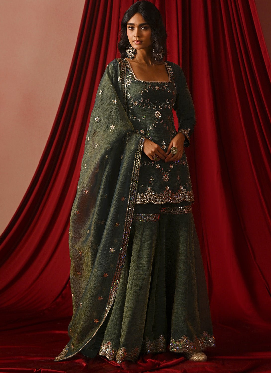 Green Embroidered Tissue Gharara - Lashkaraa