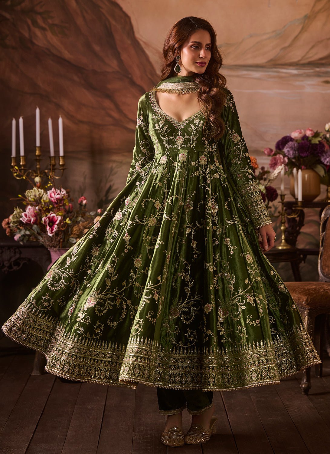 Green Embroidered Velvet Anarkali - Lashkaraa