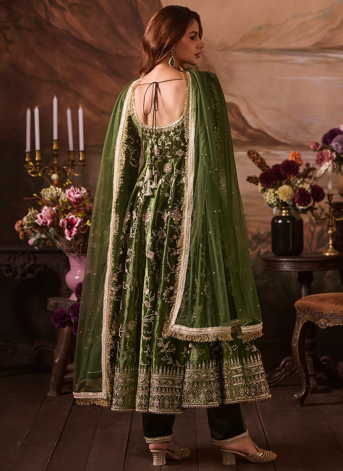 Green Embroidered Velvet Anarkali - Lashkaraa