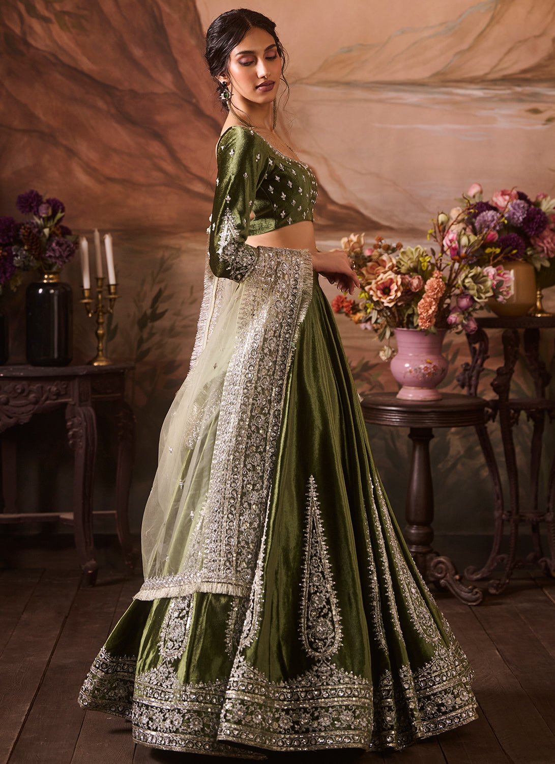 Green Embroidered Velvet Lehenga - Lashkaraa