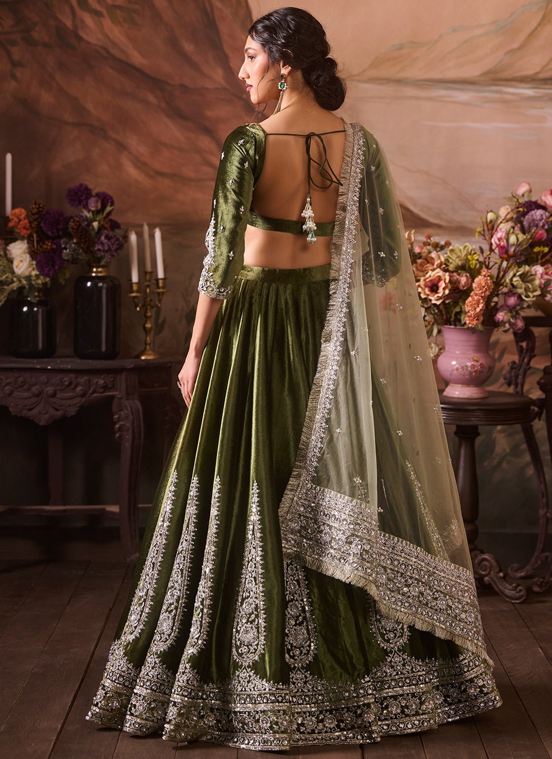 Green Embroidered Velvet Lehenga - Lashkaraa