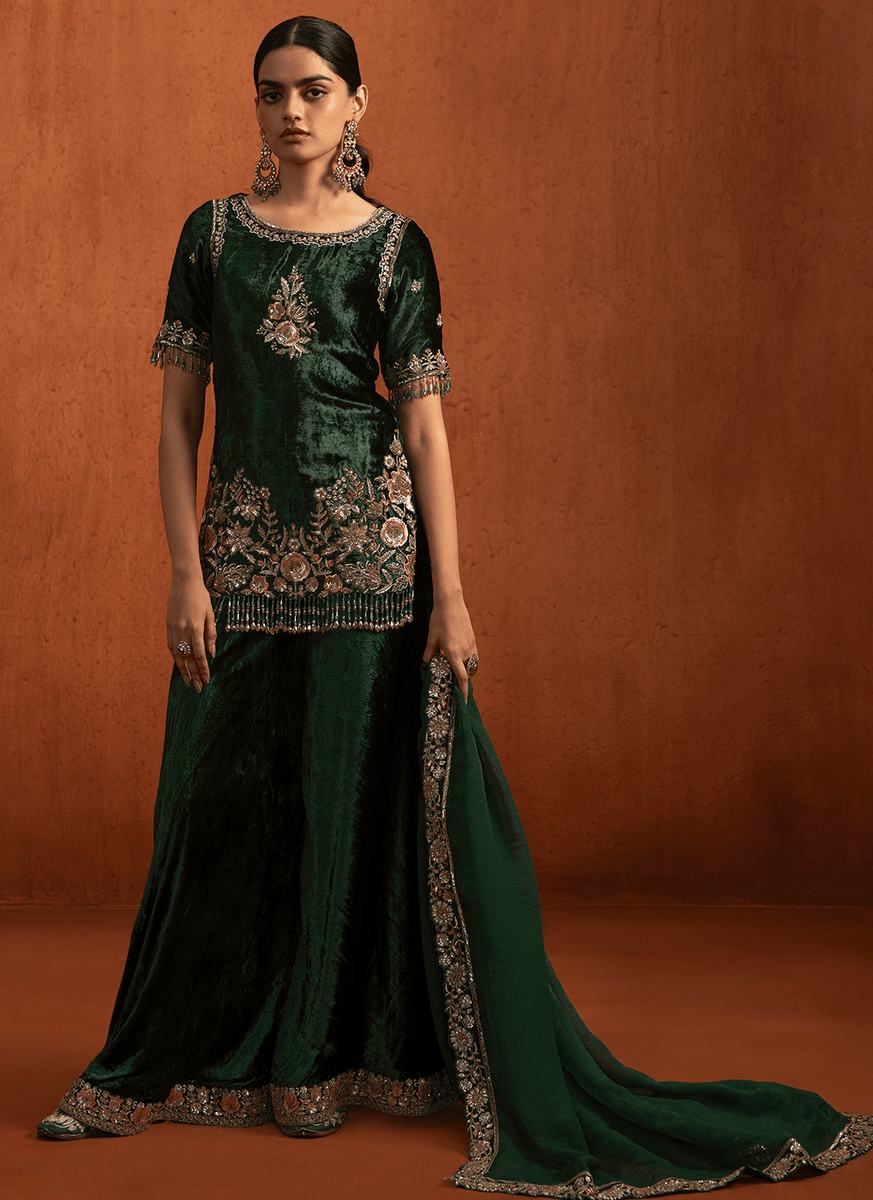 dark green sharara dress Bottle Green Pakistani Wedding Dress Kameez Sharara CUSTOM main image 0