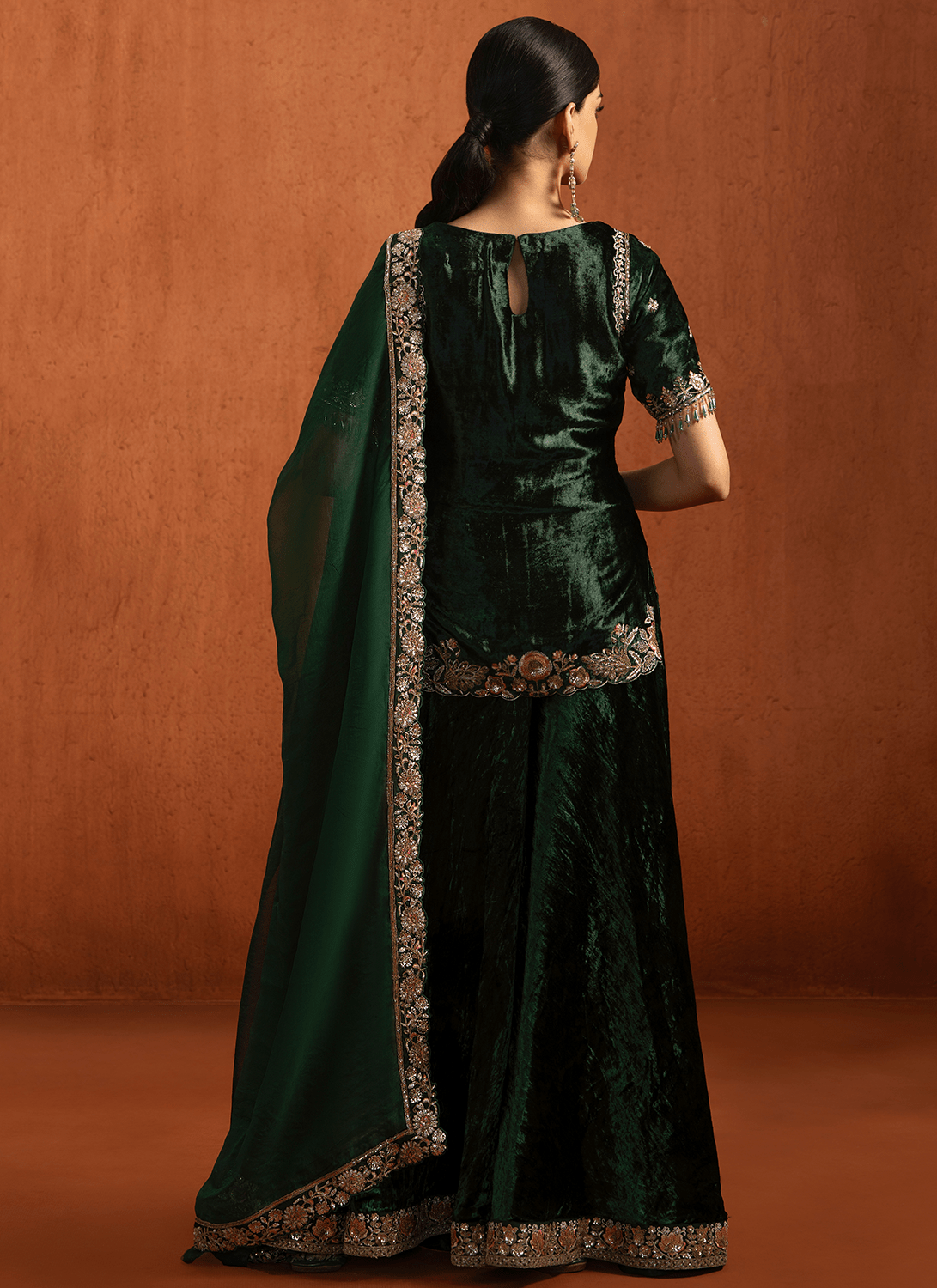 Green Embroidered Velvet Sharara Suit - Lashkaraa