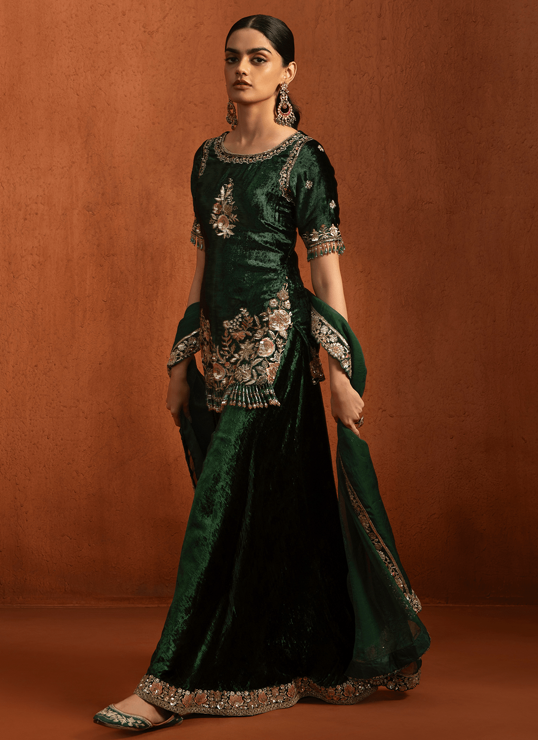 green emerald velvet dress Semi-stitched Dark Green Sharara Suit – Sunasa main image 0