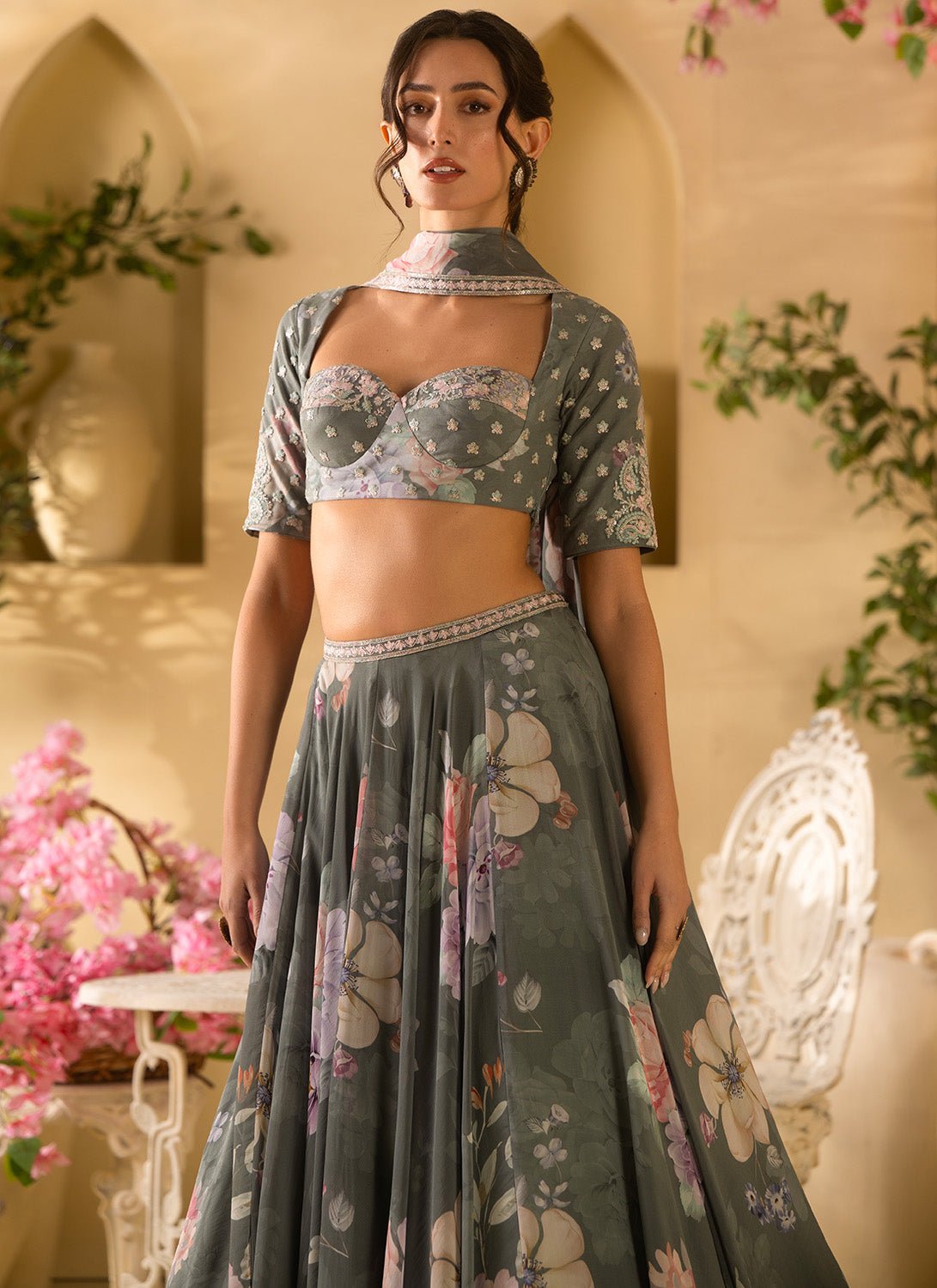 Green Floral Embroidered Organza Lehenga - Lashkaraa