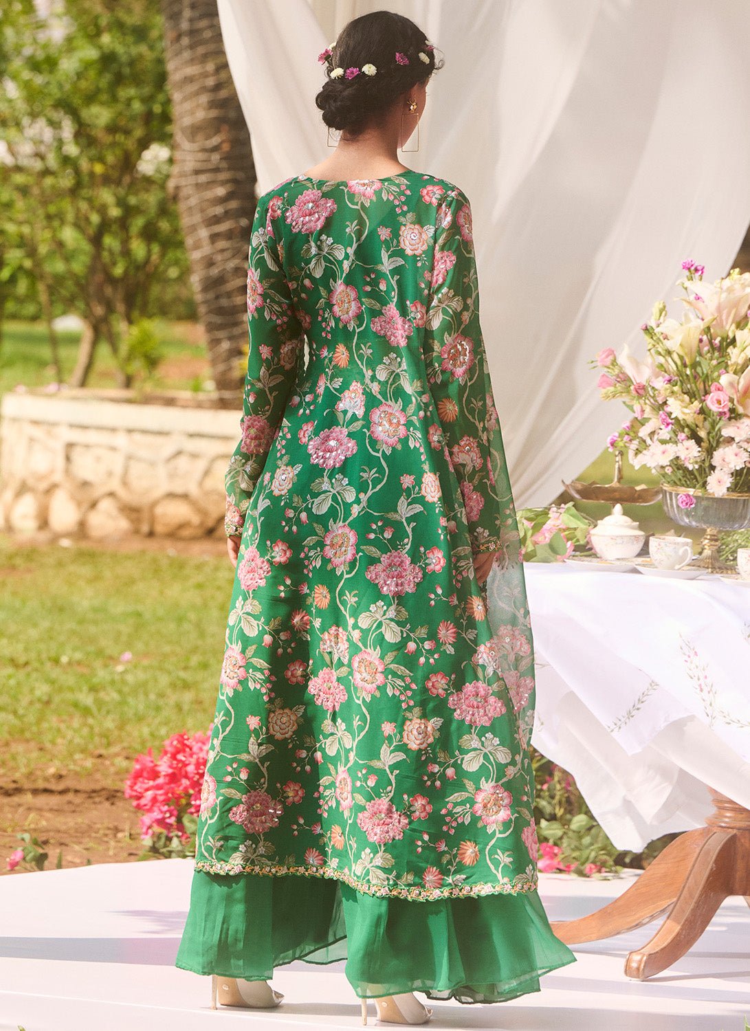 designer emerald green short sleave dress formal for wedding Green Floral Embroidered Pant Set With Jacket