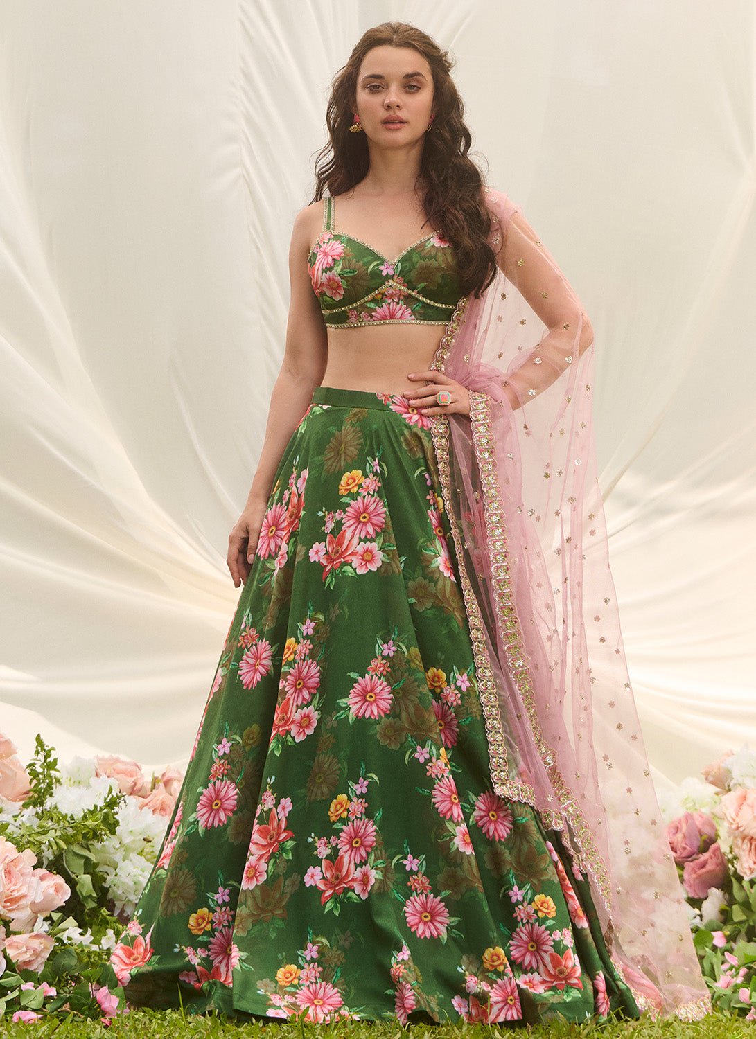 Green Multicolor Floral Printed Lehenga - Lashkaraa