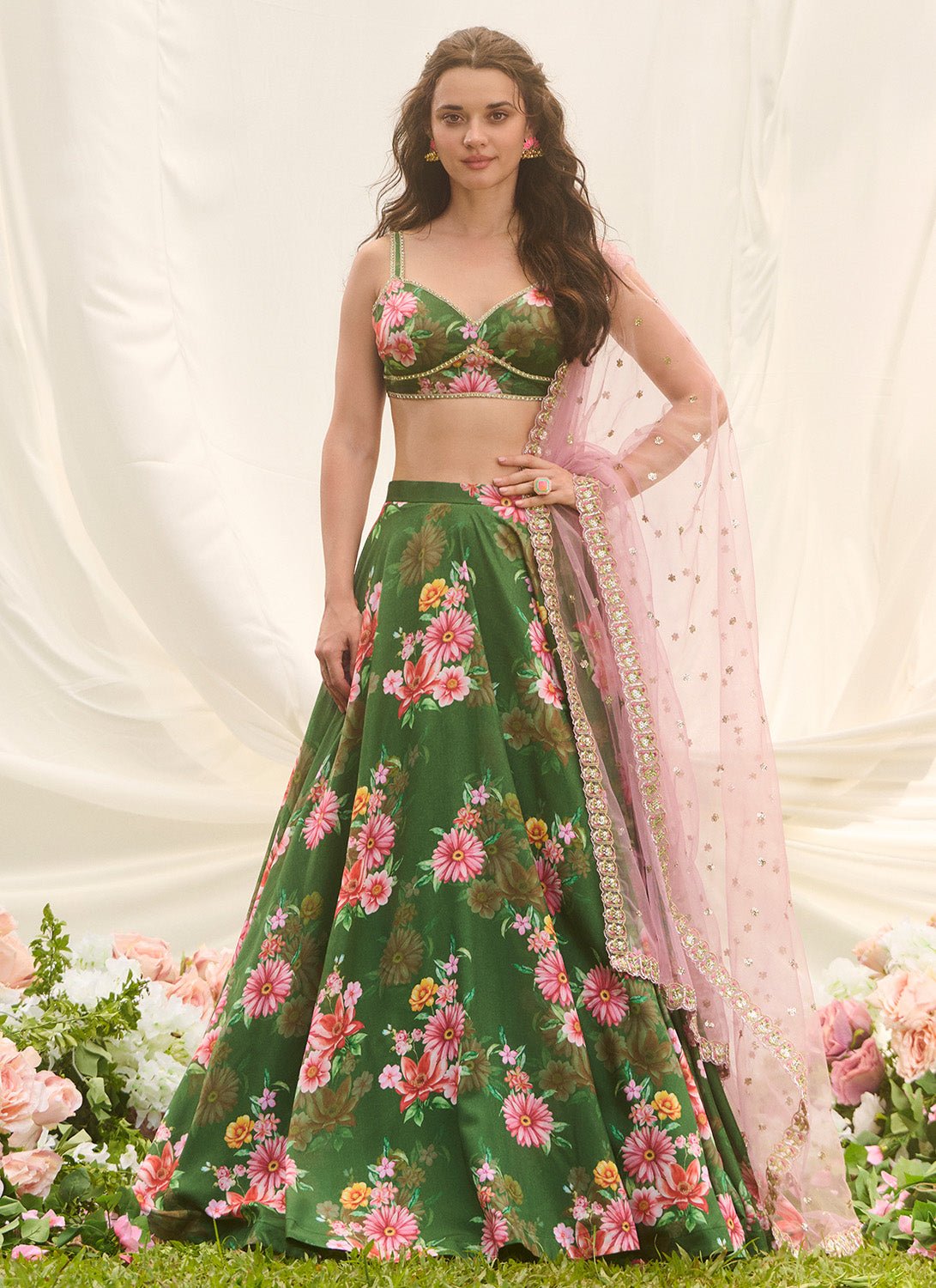 Green Multicolor Floral Printed Lehenga - Lashkaraa