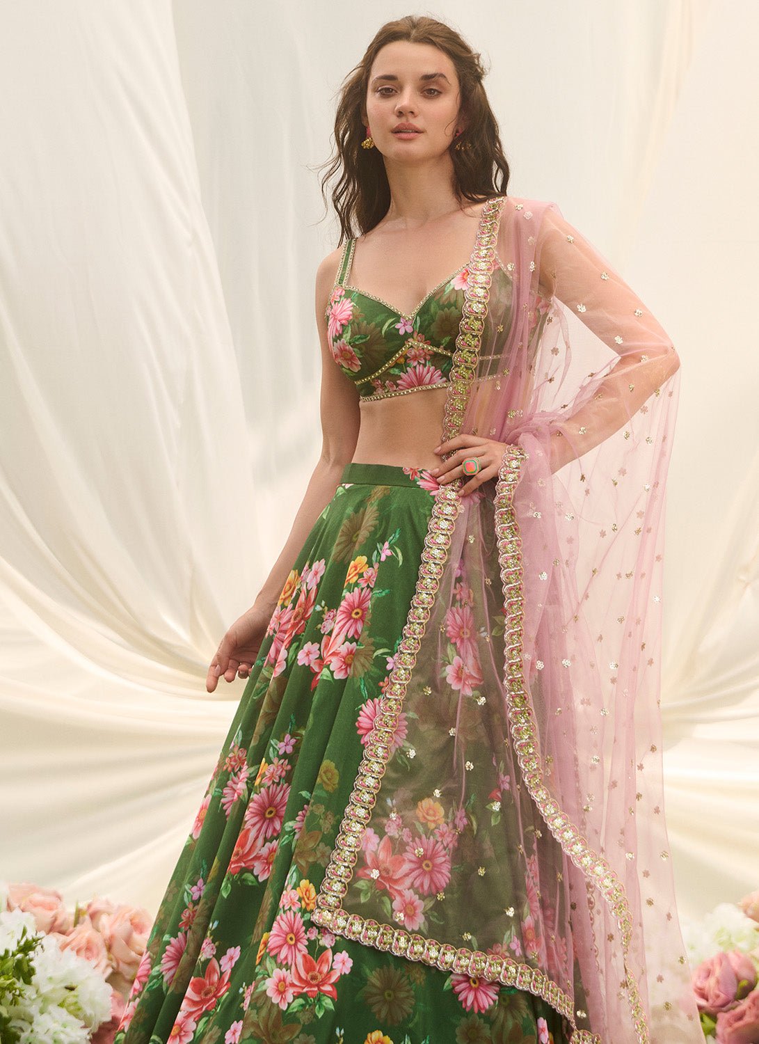Green Multicolor Floral Printed Lehenga - Lashkaraa
