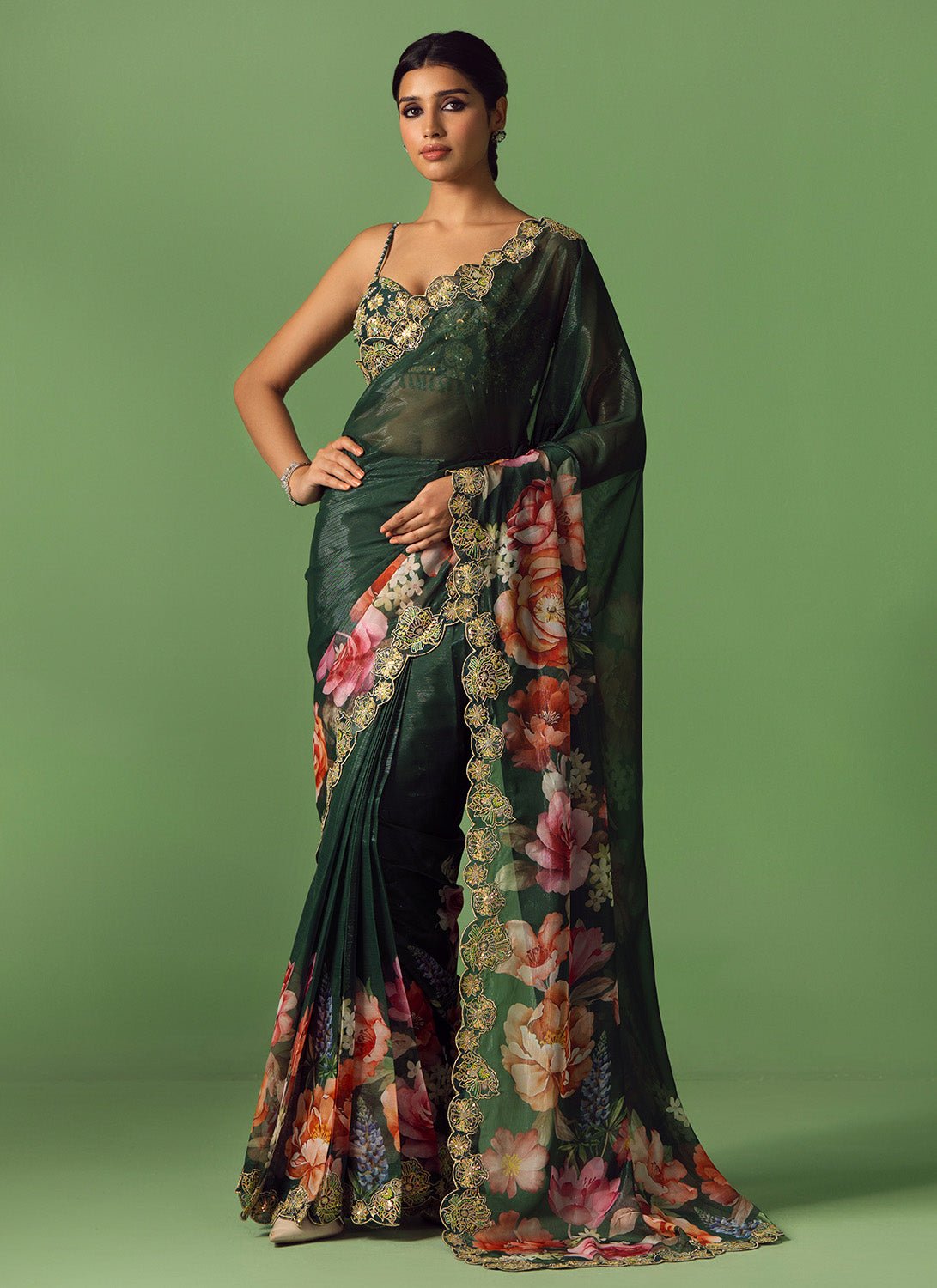 Green Multicolor Floral Printed Saree - Lashkaraa