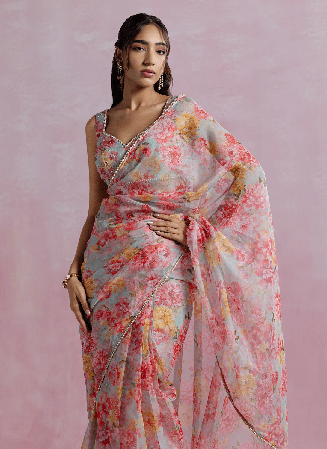 Grey and Peach Floral Printed Organza Saree - Lashkaraa