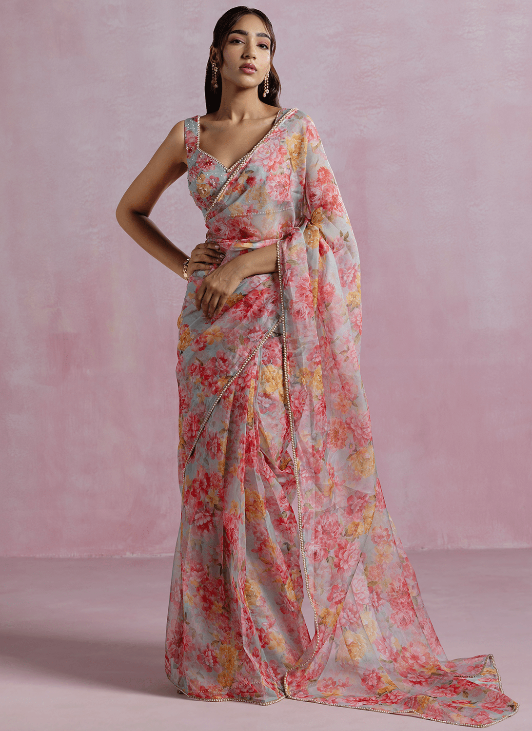 Grey and Peach Floral Printed Organza Saree - Lashkaraa
