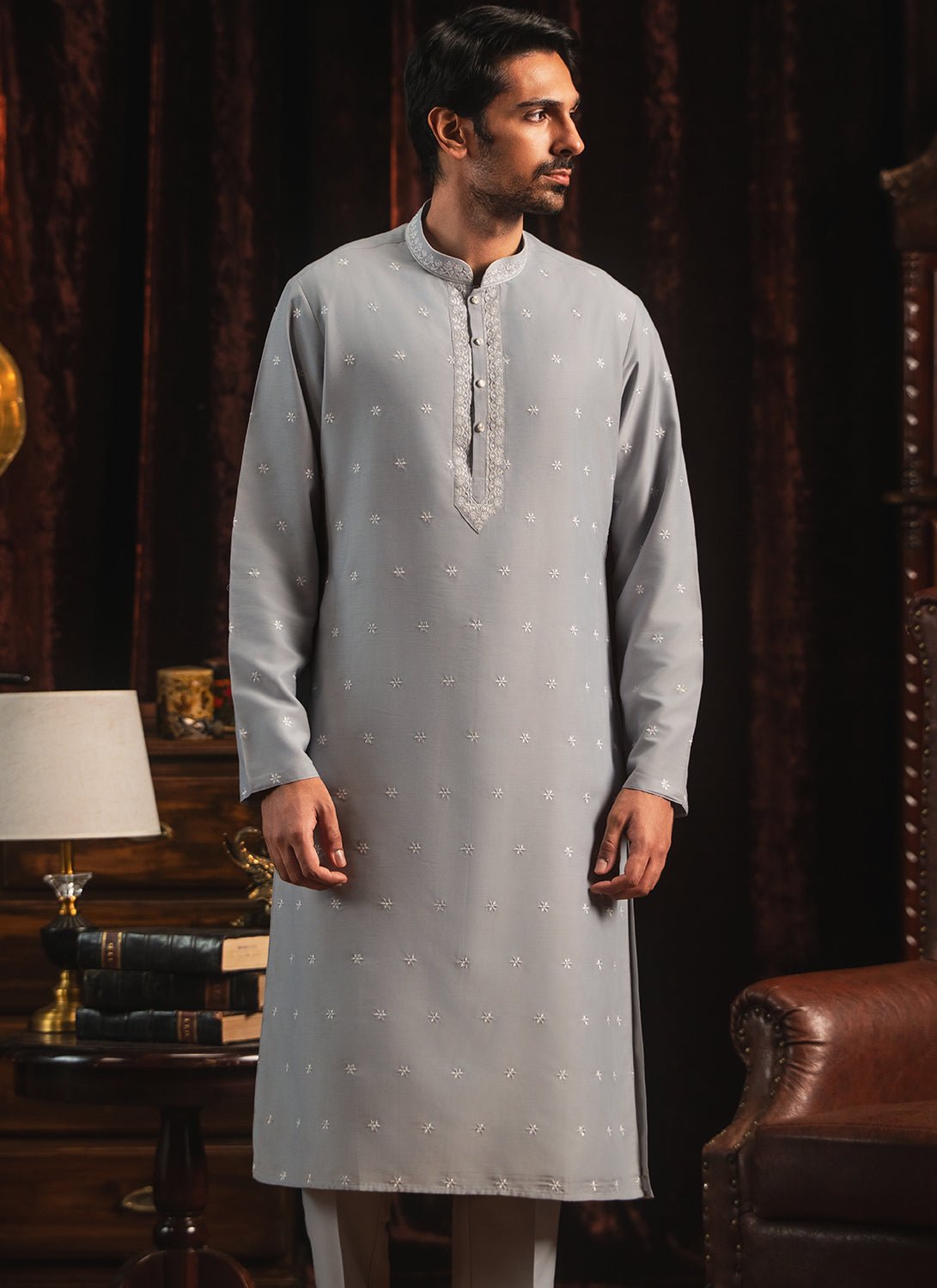 Grey Embroidered Kurta Set - Lashkaraa