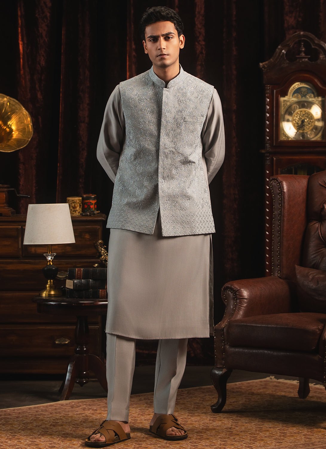 Grey Embroidered Nehru Jacket Set - Lashkaraa