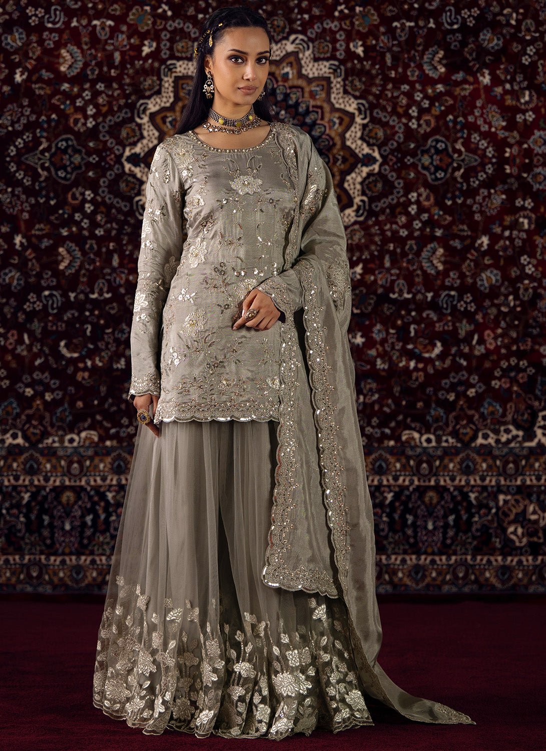Grey Embroidered Silk Sharara Suit - Lashkaraa
