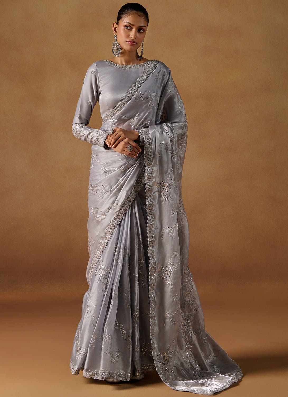 Grey Embroidered Tissue Saree - Lashkaraa