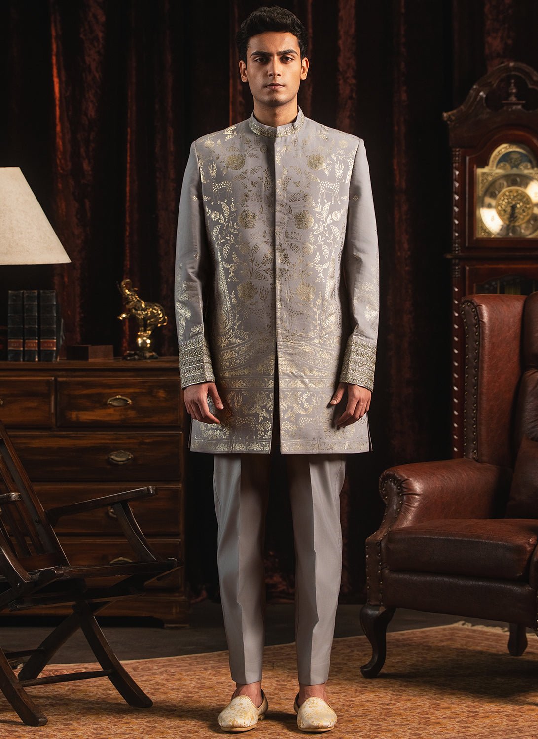 Grey Foil Printed Sherwani - Lashkaraa