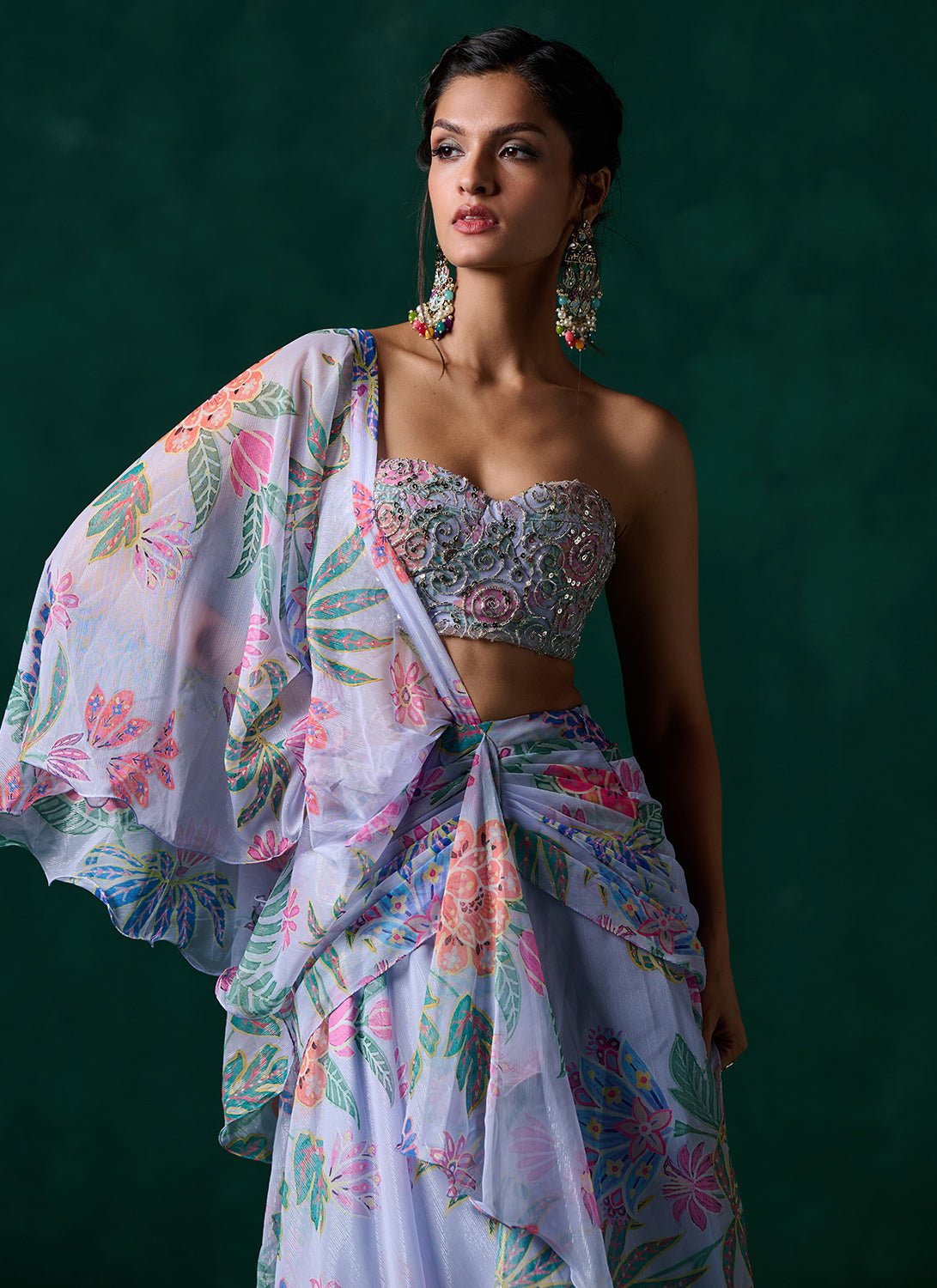 Grey Multicolor Floral Printed Saree - Lashkaraa